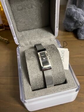 New DKNY 3356 Silver Stainless Steel Mesh Rectangle Watch Box Black Slim Classic